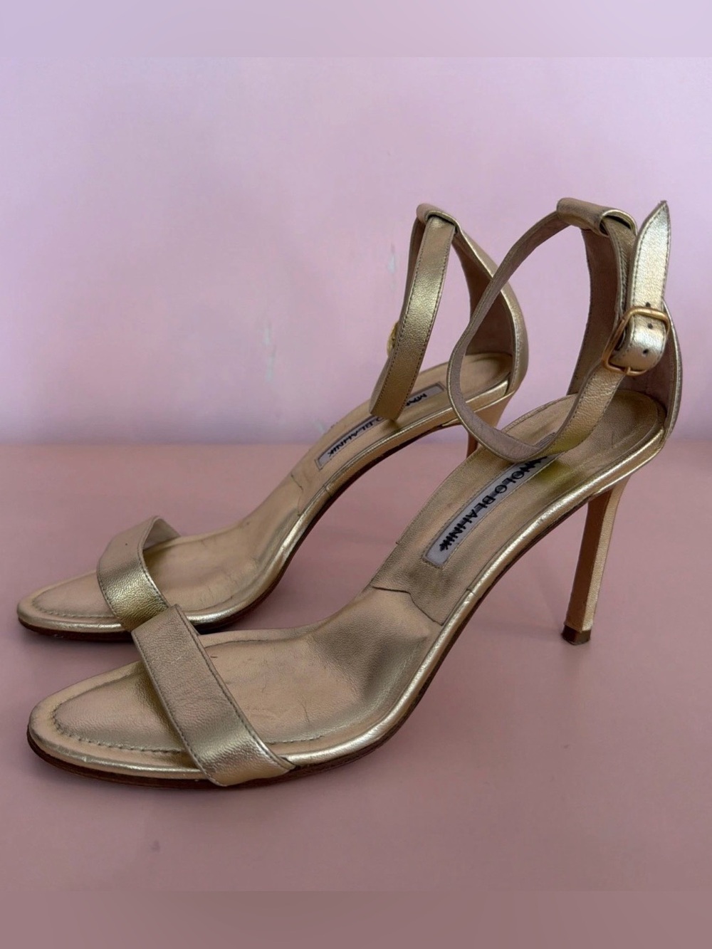 Manolo Blahnik Vintage Gold High Heel Ankle Strap Sandals